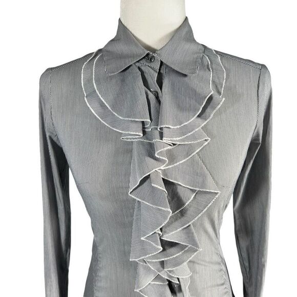 Karen Millen Navy Blue & White Stripe Ruffle Long Sleeve *Blouse Size 2 Small - Picture 2 of 12